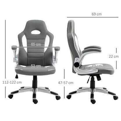 Vinsetto Computer Gaming Chair, Office Desk Swivel Chair, PU Leather Racing Chair with 90\'c2\'b0 Flip-up Armrest, Adjustable Height and Rolling Wheels, Grey