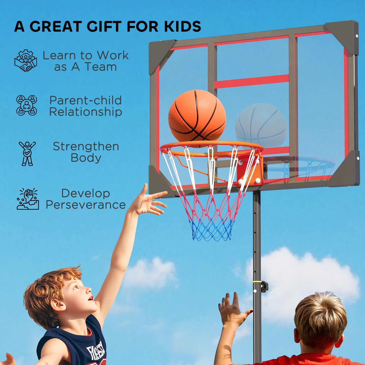 AIYAPLAY Basketball Hoop Outdoor Indoor, 210-260cm Height Adjustable Basketball Hoop with Wheels, Larger Base, for 6+ Years, Red