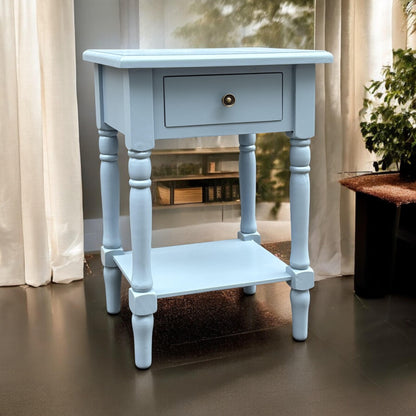 Modern and Stylish Bedside Wooden Side Table with 1 Drawer and Shelf - Sleek Art Deco Solid Pine Wood Side Tables with Storage for Home, Office, Living Room, and Hallways Decor (Solid, Sky Blue)