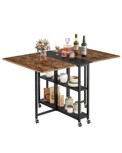 CHOEZON Folding Dining Table, Movable Dining Table, Expandable Kitchen Table, Versatile Breakfast Table with 6 Wheels and 2-Tier Shelf, for Dining