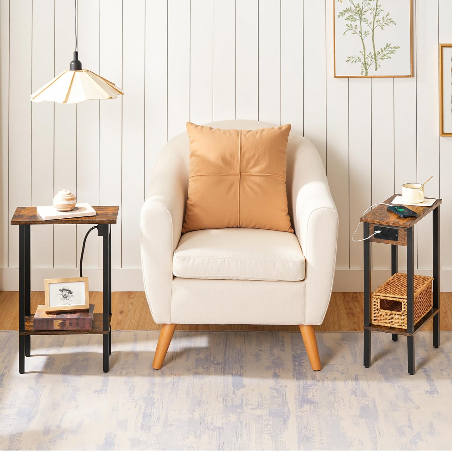 HOOBRO Small Side Table, 2-Tier Slim End Table with Charging Station, Narrow Bedside Table with Open Storage, for Small Spaces, Living Room, Bedroom