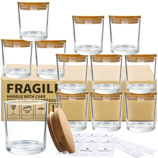 CONNOO 12Pack 10 OZ Clear Glass Candle Jars with Bamboo Lids for Making Candles, Large Size Empty Candle Tins with Wooden Lids, Bulk Clean Candle