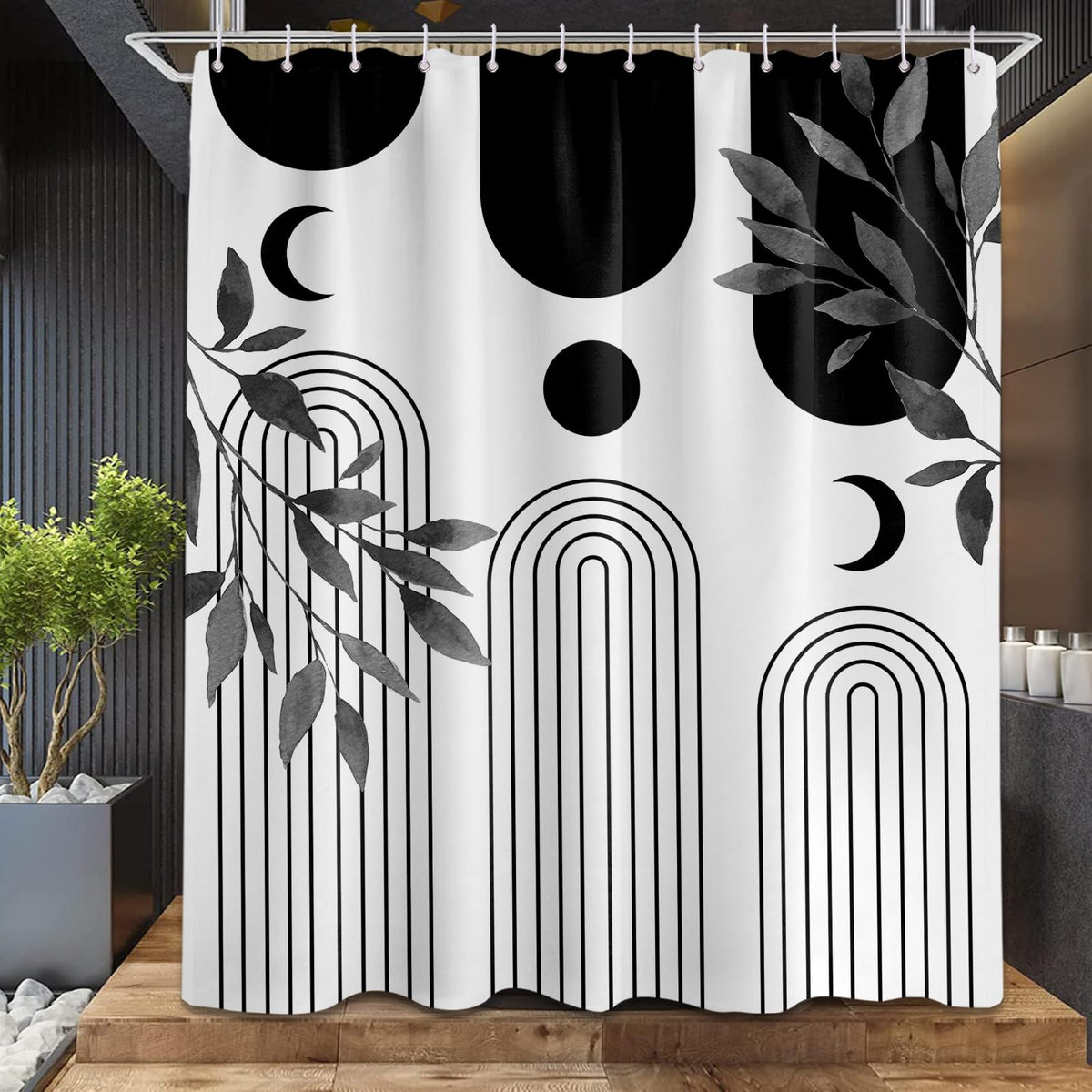 LanZanthic Black and White Shower Curtains for Bathroom Boho Mid Century Modern Leavesl Wet Room Shower Curtain with hooks, Mould Proof Resistant