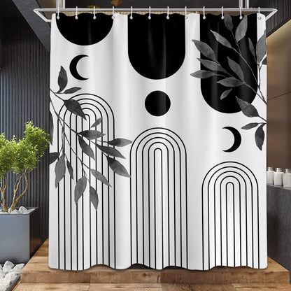 LanZanthic Black and White Shower Curtains for Bathroom Boho Mid Century Modern Leavesl Wet Room Shower Curtain with hooks, Mould Proof Resistant