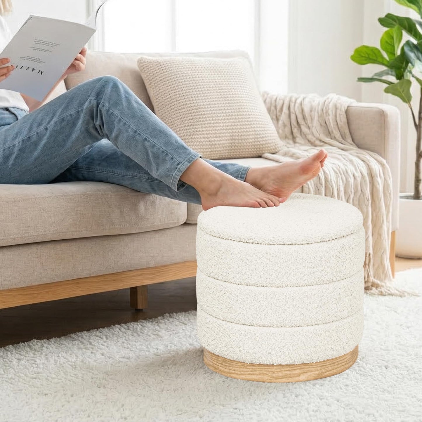 PINPLUS Round Chenille Storage Ottoman, Tray Top, 39x39x37 cm, Cream White