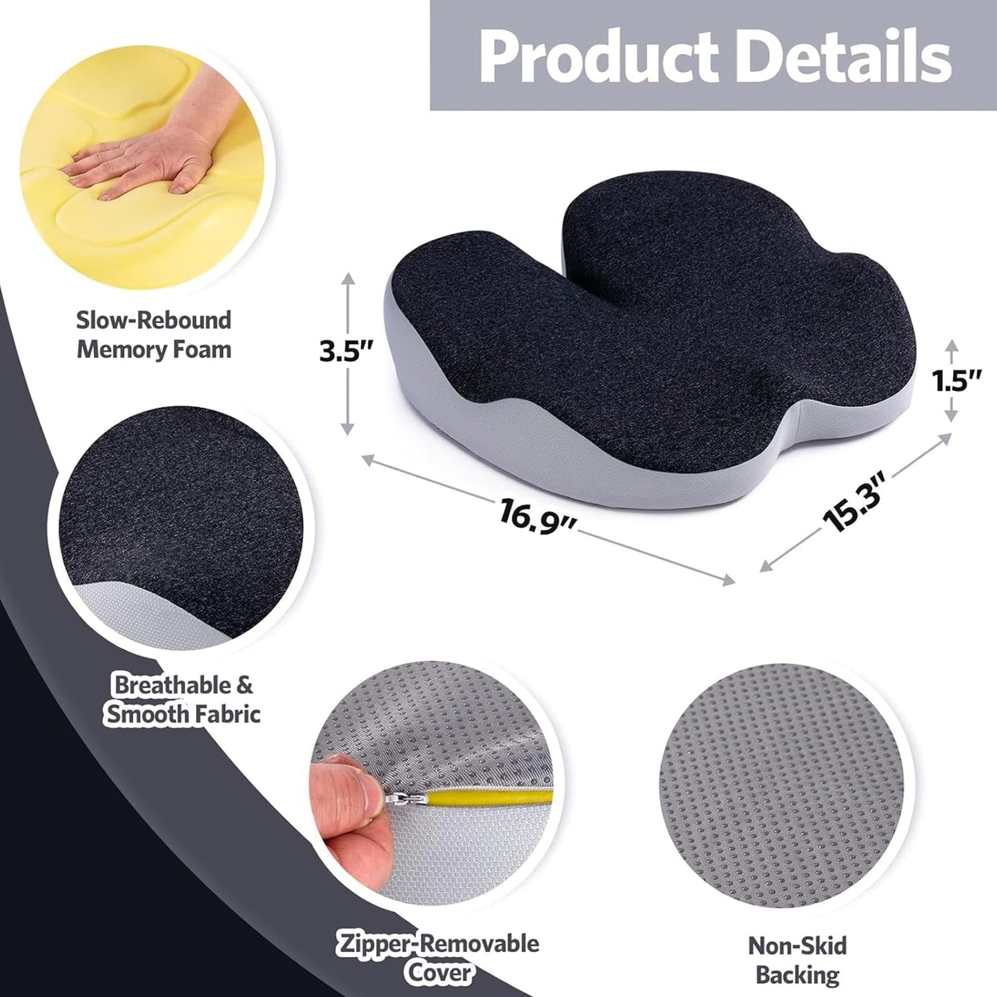Sioloc Comfort Office Chair Cushions Memory Foam Seat Cushion for Wheelchair, Driving Butt Pillow for Office Chair with Non-Slip Cover(Grey)