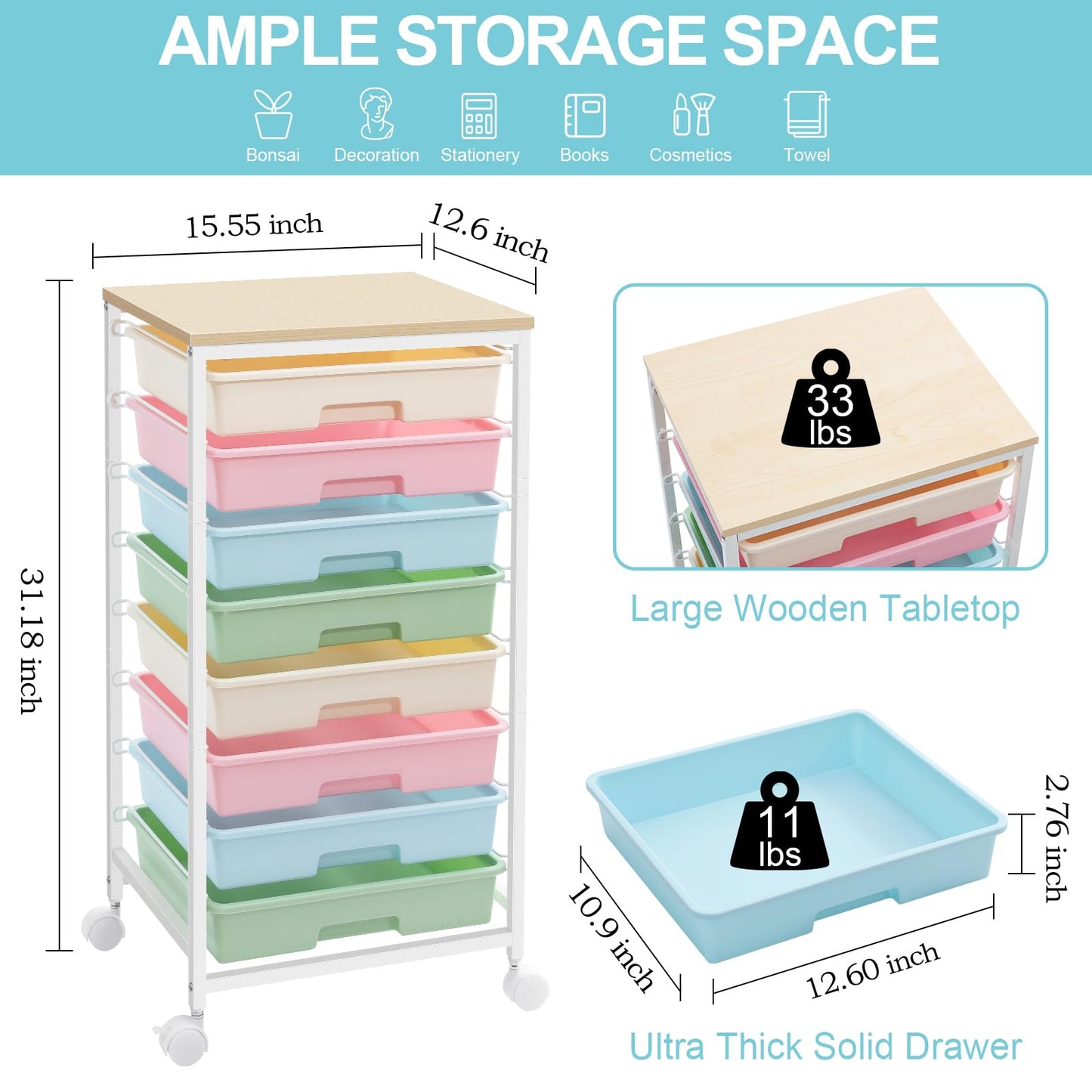 SYKIARIOL 8-Drawer Storage Trolley Rolling Cart with Lockable Wheels