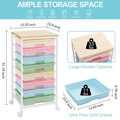 SYKIARIOL 8-Drawer Storage Trolley Rolling Cart with Lockable Wheels