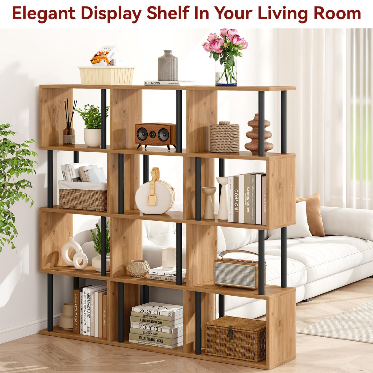 IBUYKE 5-Tier Tall Bookshelf,S-Shaped Geometric Bookcase,Oak WBC015K