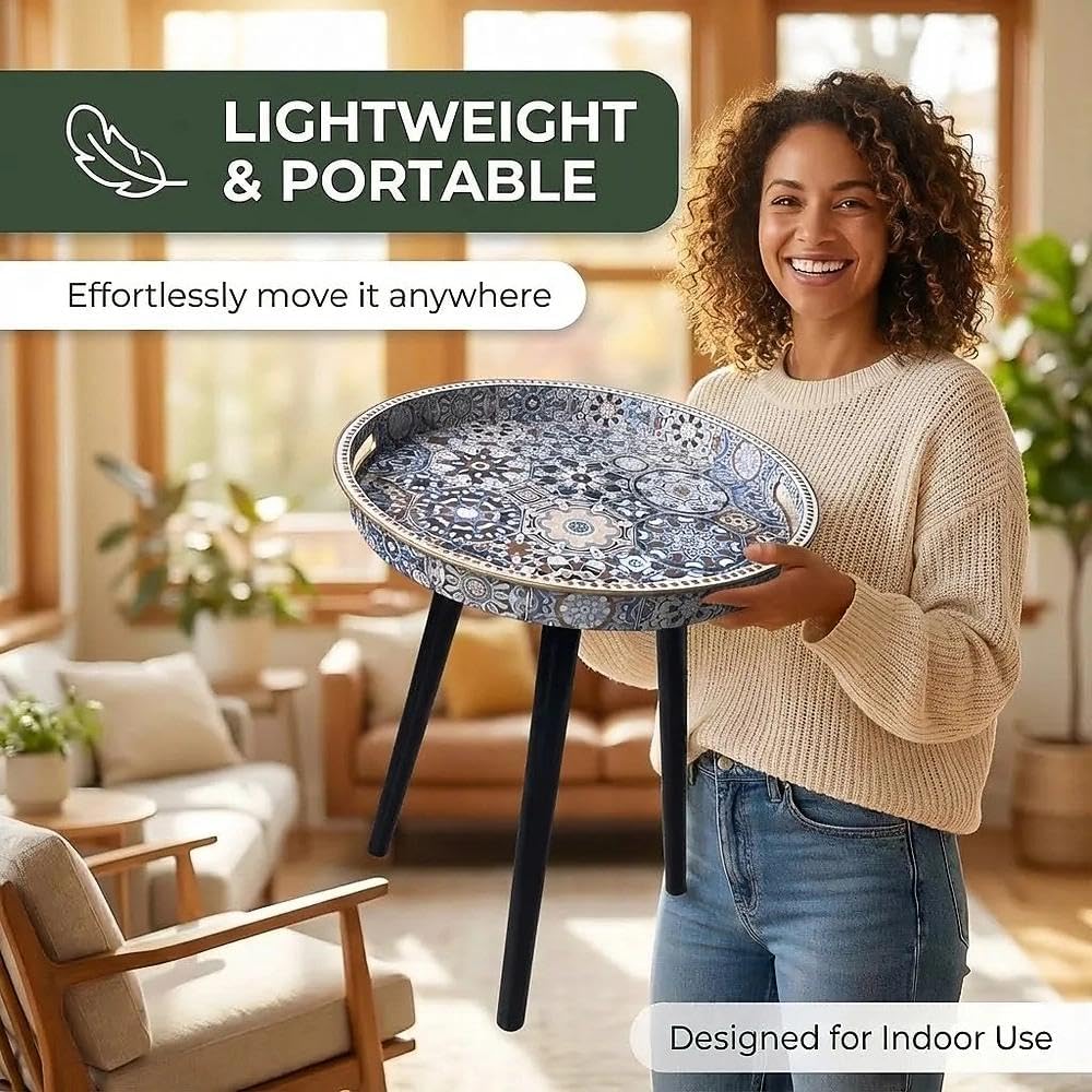 Simmer Stone Round Indoor Side Tables with Detachable Wooden 3 Legs, Versatile Tray Table, Perfect For Round Coffee Table Tea