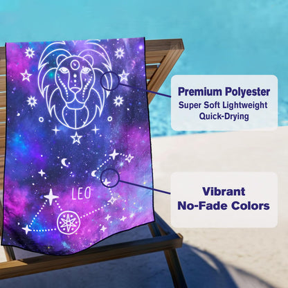 Violetpos Leo Zodiac Sign Beach Towel for Astrology Fans, Extra Large 180x90 cm 250GSM Microfibre, Sand Free Quick Dry