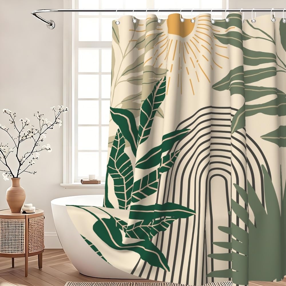 Xiaoterna Mid Century Boho Beige Shower Curtain Abstract Neutral Color Green Leaves Arch Lines Sun Waterproof Bathroom Curtains Minimalist Aesthetic