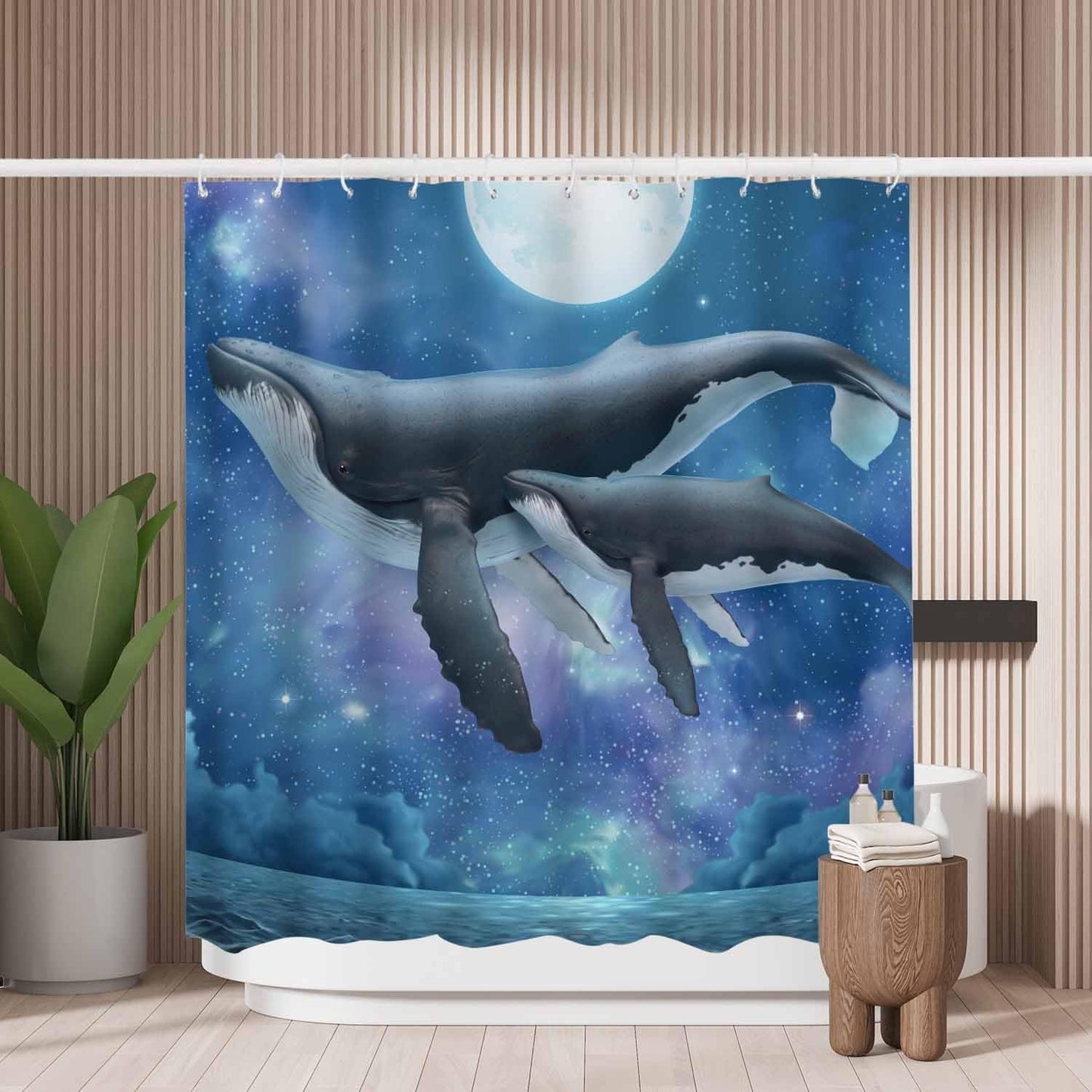 Woutay Shower Curtain Mould Proof Resistant Whale Family,Water Repellant Fabric,Polyester,with 12 Plastic Hooks