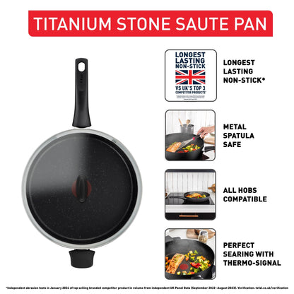 Tefal Titanium Stone Sautepan 26 cm + Lid, High-Performance Non-Stick Coating, Metal Spatula Safe, All hobs Including Induction, E1053345