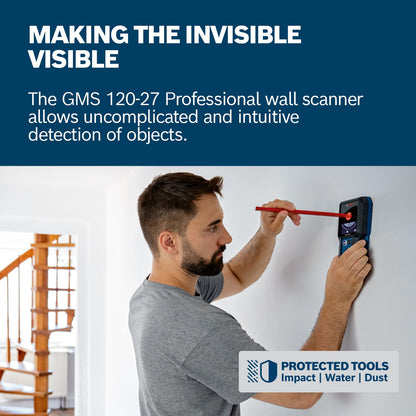 Bosch Professional Wall Scanner GMS 120-27 (2xAA Batteries, max. Detection Depth Non-Magnetic Metal/Magnetic Metal/Live-Wire/Wood: 120/100/50/30 mm,