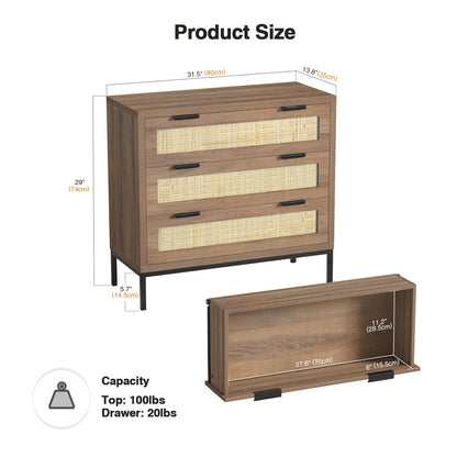 Skokliz Rattan Chest of Drawers with 3 Drawers, Storage Organizer for Bedroom, Wide Dresser Chest of Drawers, Modern Wooden Storage Unit for Hallway