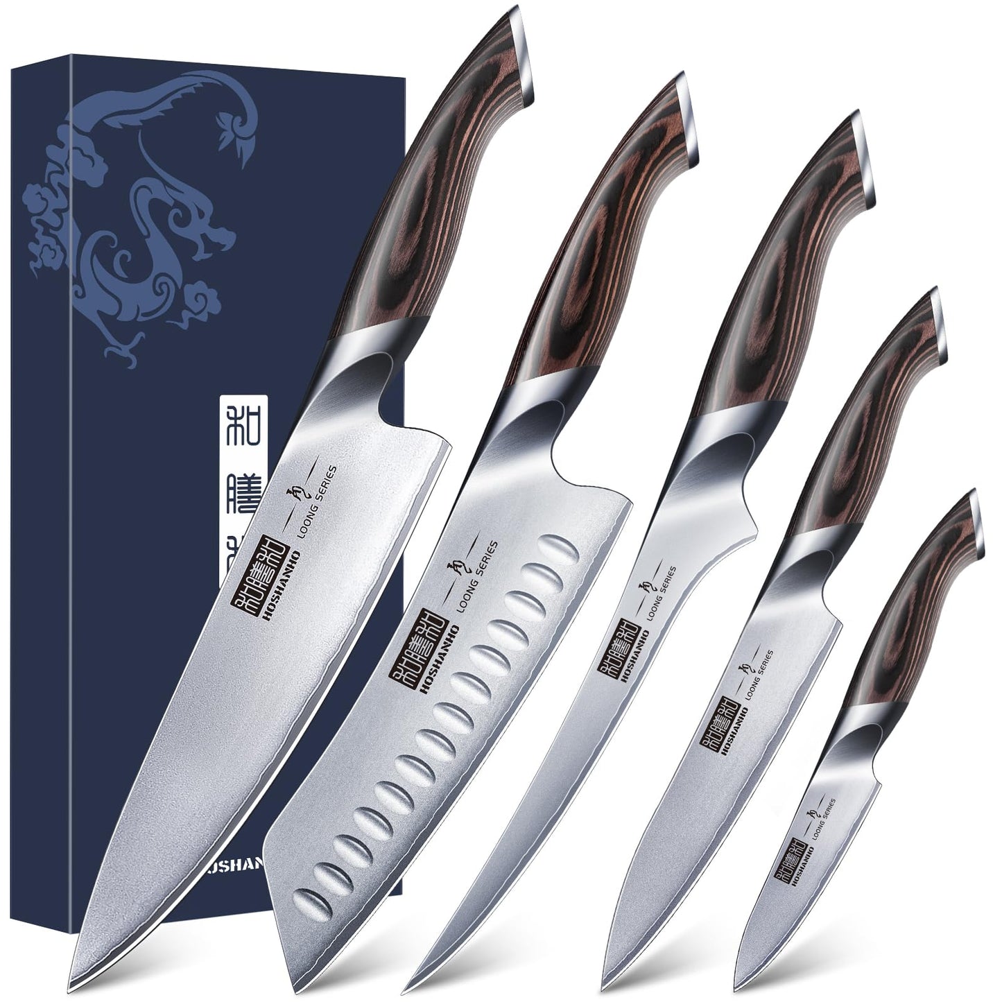 HOSHANHO 5 Pieces Knife Set, Japanese High Carbon Stainless Steel Kitchen Knife Sets, Professional Ultra Sharp Chef Knives Set with Ergonomic