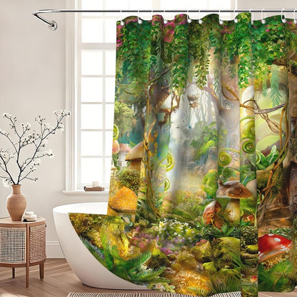 Xiaoterna Fairy Tale Forest Shower Curtain Mushroom Green Tree Grass Bathroom Curtain Spring Magic Enchanted Forest Fantastic Jungle Shower Curtain