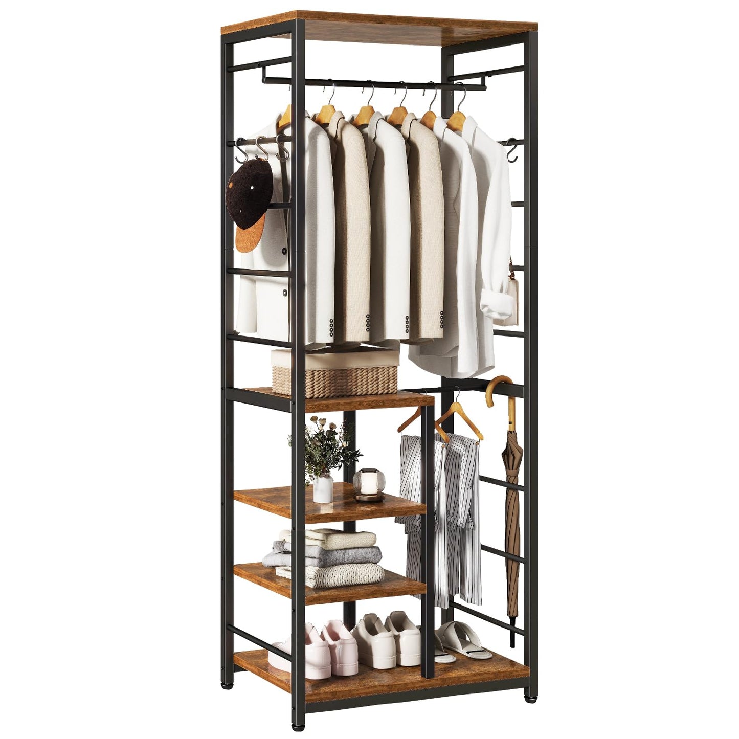 IBUYKE Coat Rack,Coat Stand on Wheels with 6 Hooks,Rustic Brown TMJ089H