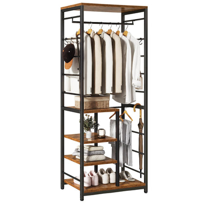 IBUYKE Coat Rack,Coat Stand on Wheels with 6 Hooks,Rustic Brown TMJ089H