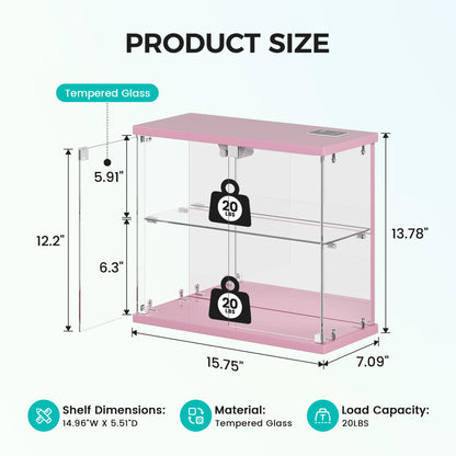 FREDEES Glass Display Cabinet Case with LED Lights, Pink