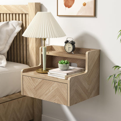Skokliz Floating Bedside Table Set of 2, Small Wall Mounted Nightstand with Drawer and Open Shelf, Floating Shelf for Bedroom, Living Room, Kictench