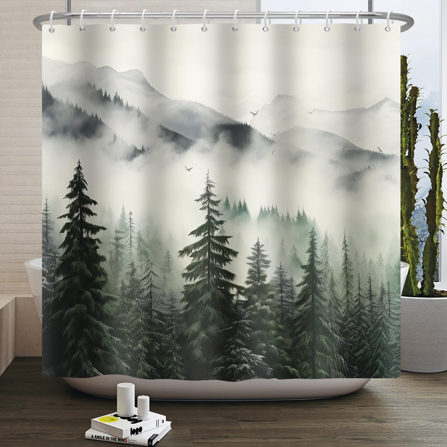 Kzzfqxb 152x183cm Foggy Shower Curtains with Hooks, White Mist Mountains Pine Trees Forest Woodland Landscape Scenery Occluded Waterproof for Bath,