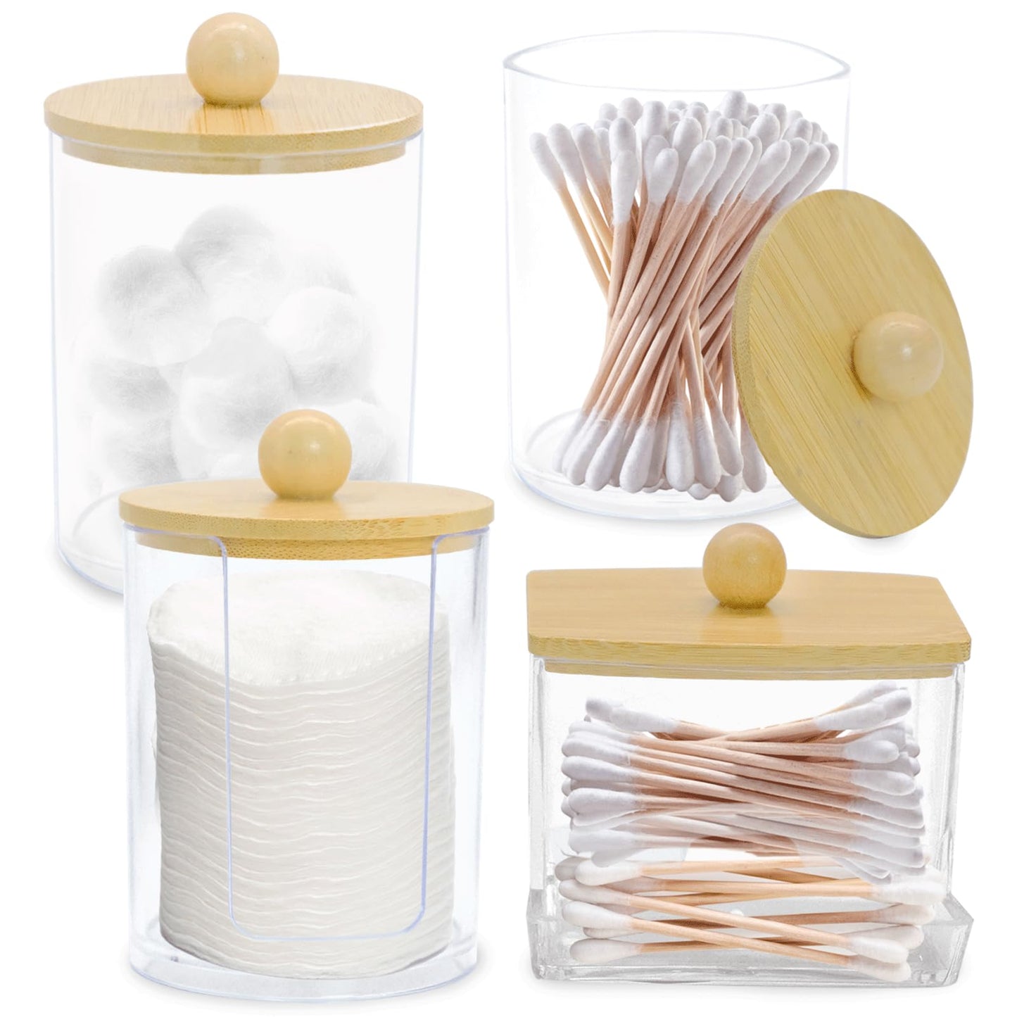 Griwuut 4 Pcs Acrylic Cotton Pad Holder Set with Bamboo Lids Bathroom Storage Dispenser for Cotton Swabs, Pads Wool Buds