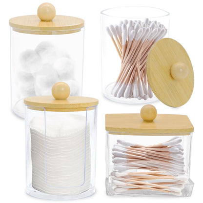 Griwuut 4 Pcs Acrylic Cotton Pad Holder Set with Bamboo Lids Bathroom Storage Dispenser for Cotton Swabs, Pads Wool Buds
