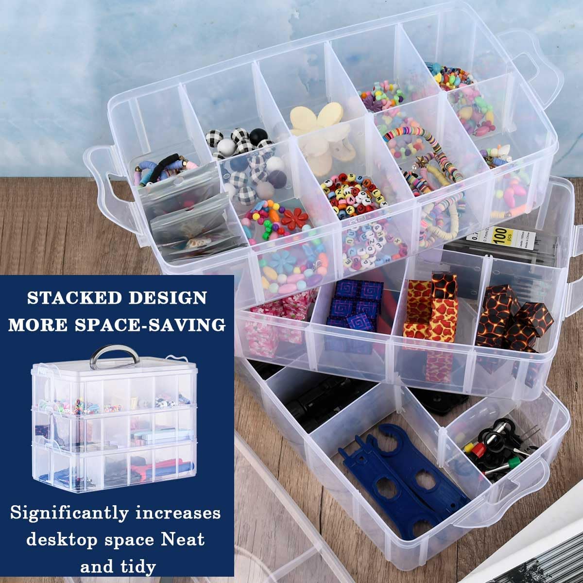 TMBMLPP Craft Storage Box with Compartments, 3-Tier 30 Sections Plastic Compartment Box with Handle