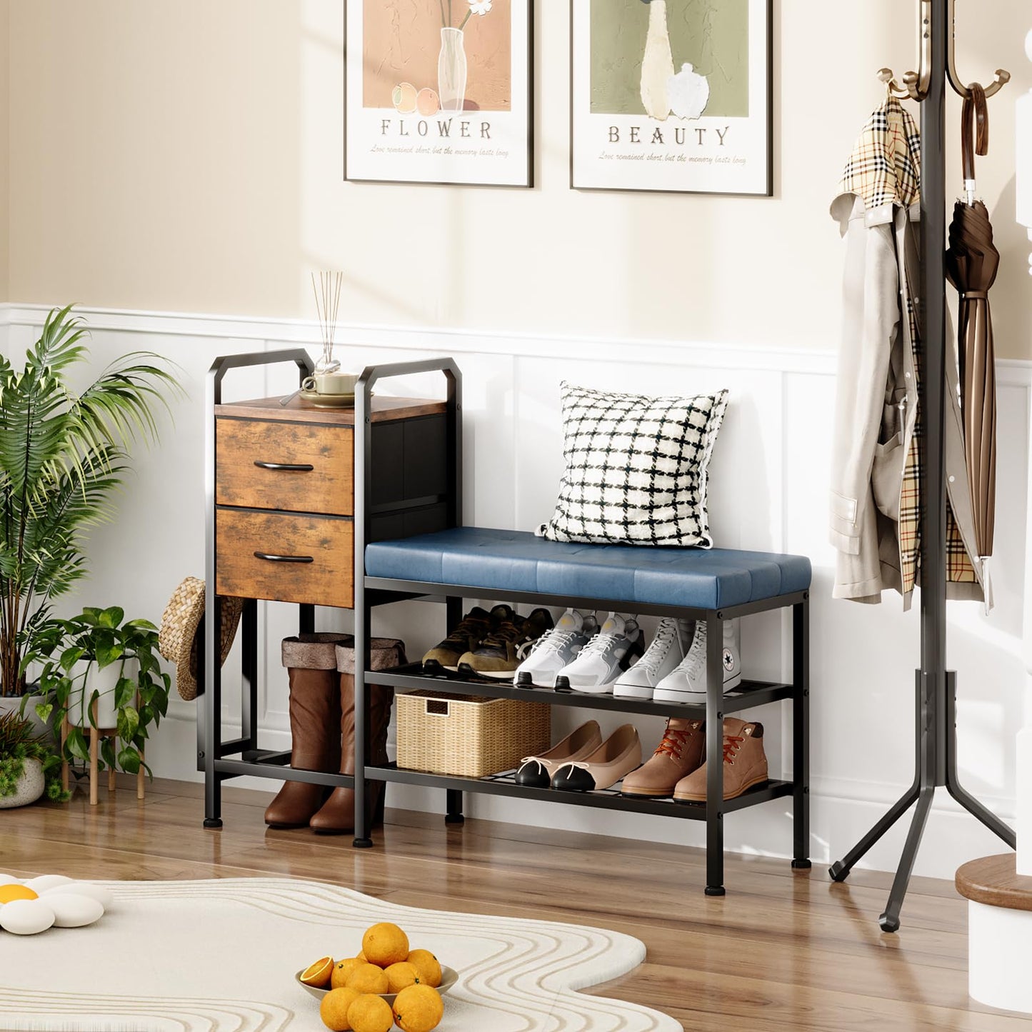 MUTUN Shoe Bench with Cushion, Storage Bench with Padded Seat, 2 Drawer and Open Compartments, for Entryway, Hallway, Living Room, Blue