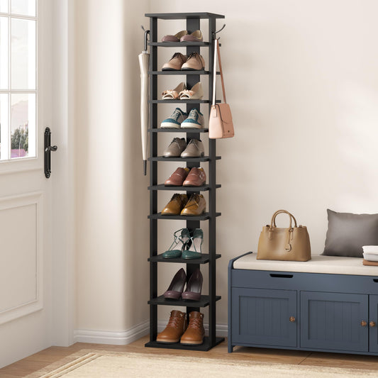 HOME BI 10-Tier Vertical Shoe Rack, Corner Shoe Tower, Slim Shoe Organizer with Two Hanging Hooks, Wooden Shoe Storage Stand for Entryway, Hallway,