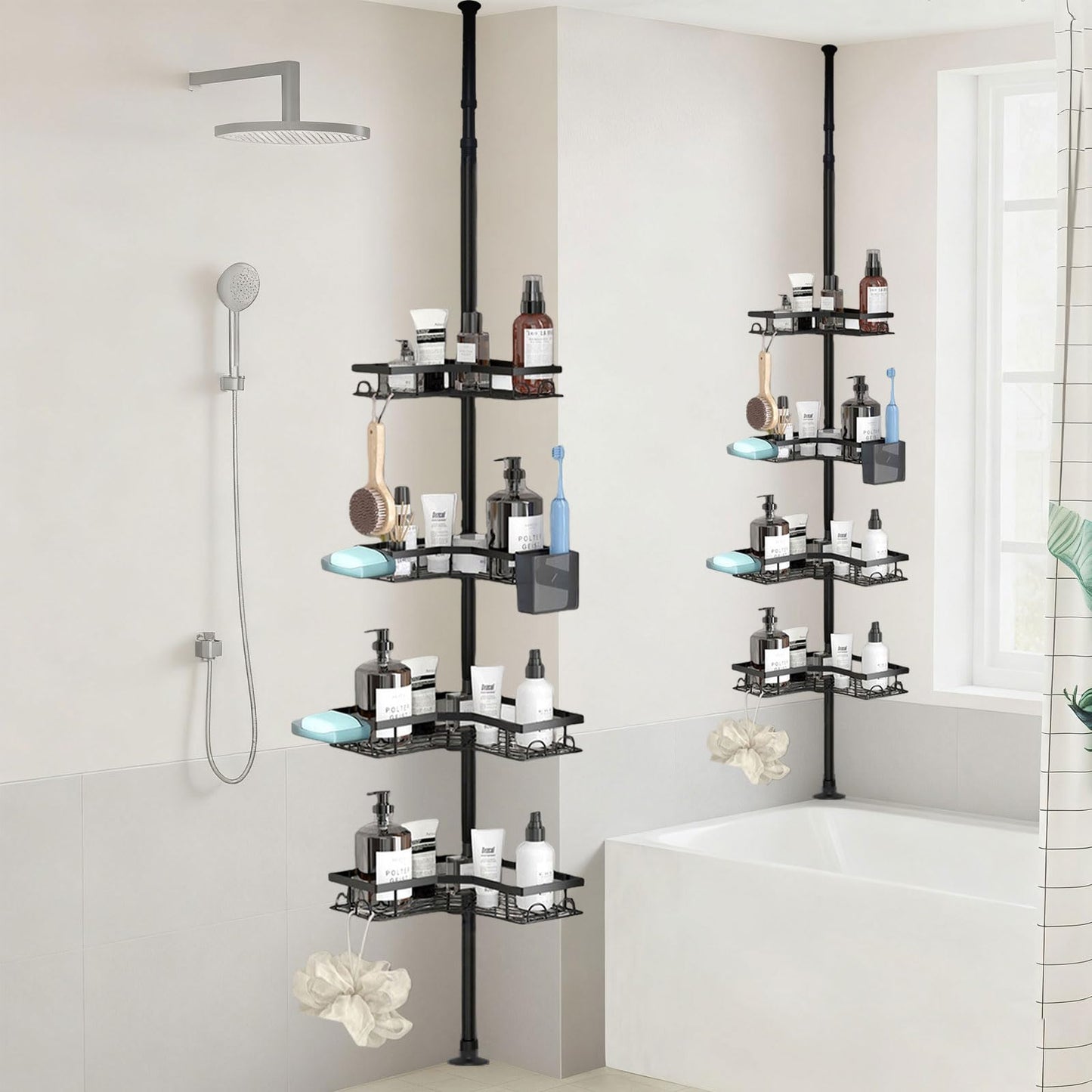 YEVVAIOC Corner Shower Caddy Tension Pole,43 to 121 Inch Adjustable Bathroom Organizer Shelves Rustproof with 4-Tier, for Small Bathrooms