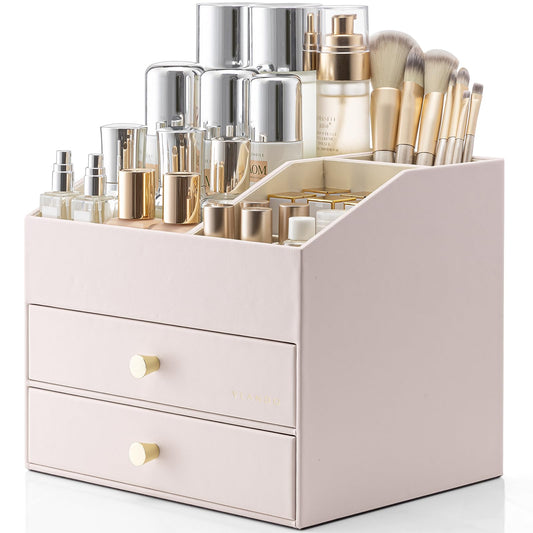 Vlando Makeup and Skincare Organizer with 2 Drawers for Lipstick, Jewelry Storage in Pink