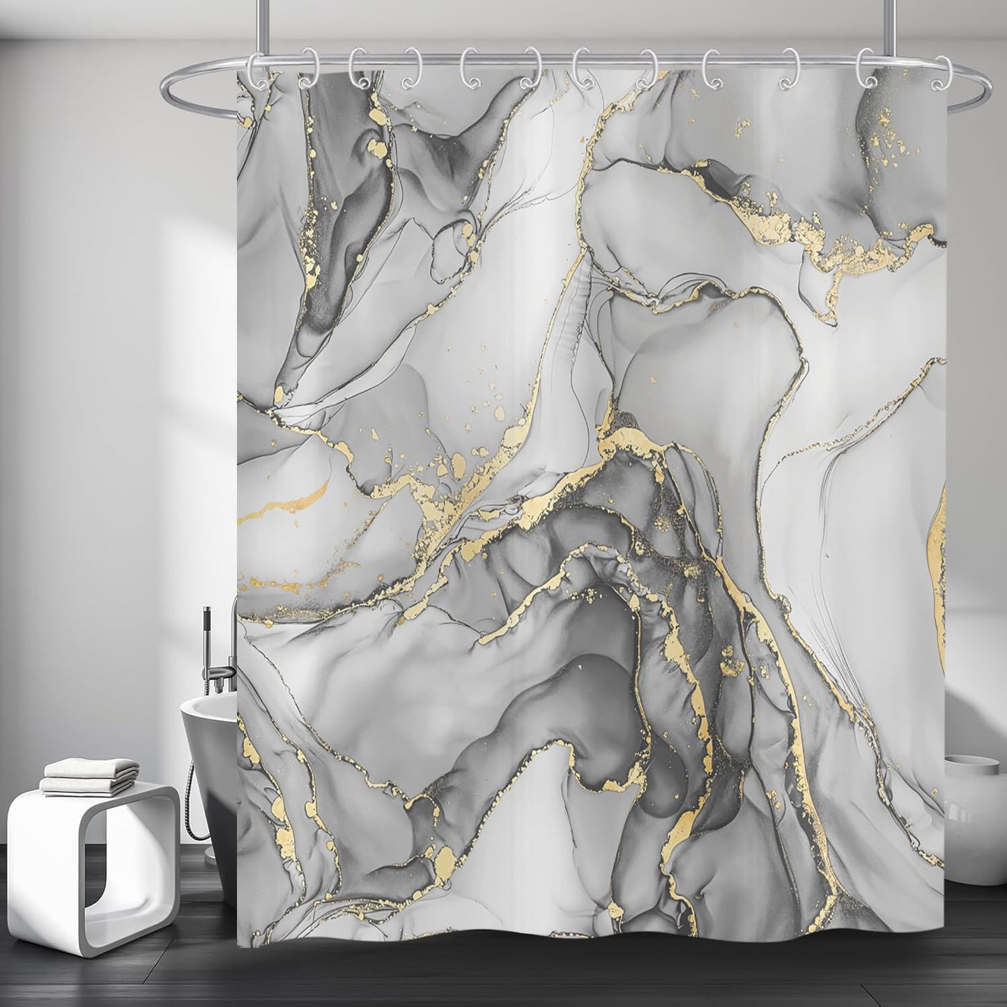 Hnmdmyi Marble Shower Curtain 90x180, Grey Gold Abstract Marble Bathroom Curtains Luxury Modern Aesthetic Art Ink Texture Waterproof Polyester Fabric