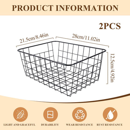 2 Metal Wire Storage Basket with Handles for Kitchen Cabinet Bedroom Bathroom Heavy Duty Rust Resistant Mesh Design Ideal for Organizing Household