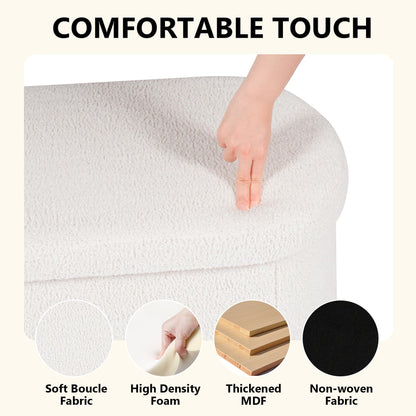 PINPLUS Oval Storage Bench Folding Ottoman Boucle Cream White, 76x38x38 cm