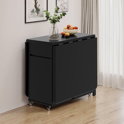 GildedGrove Solid Wood Folding Dining Table - Retro Black Finish with Wheels & Storage | Mobile Long Table for 4-6 People