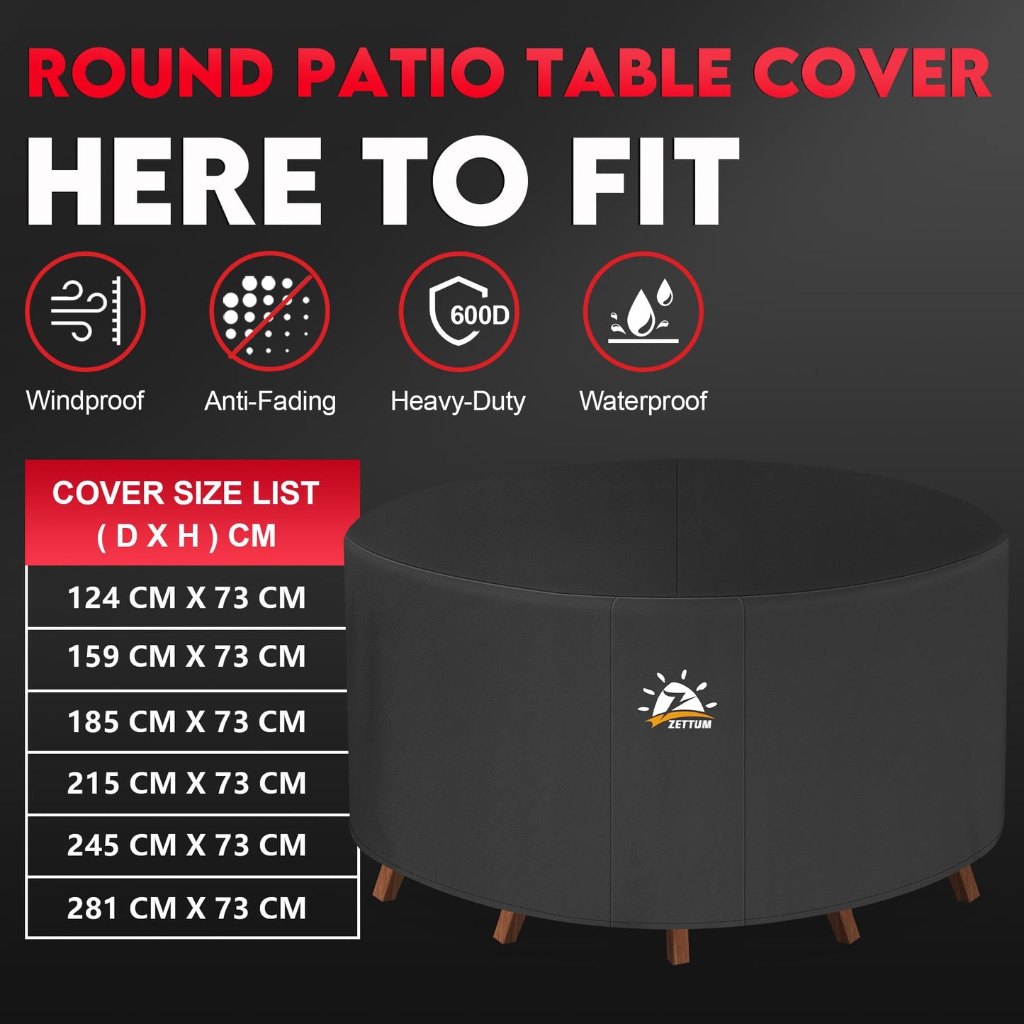 Zettum ?160x73cm Garden Table Cover Round Durable 600D Oxford Fabric Outdoor Furniture Covers Ideal for Rattan Round Furniture Set, Patio Table &