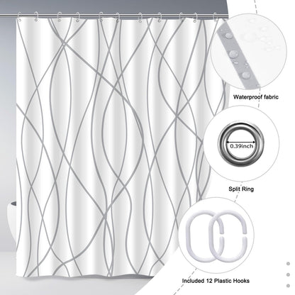 Punkray Grey and White Striped Fabric Shower Curtain for Bathroom with 12 Hooks, Shower Curtains for Bathroom