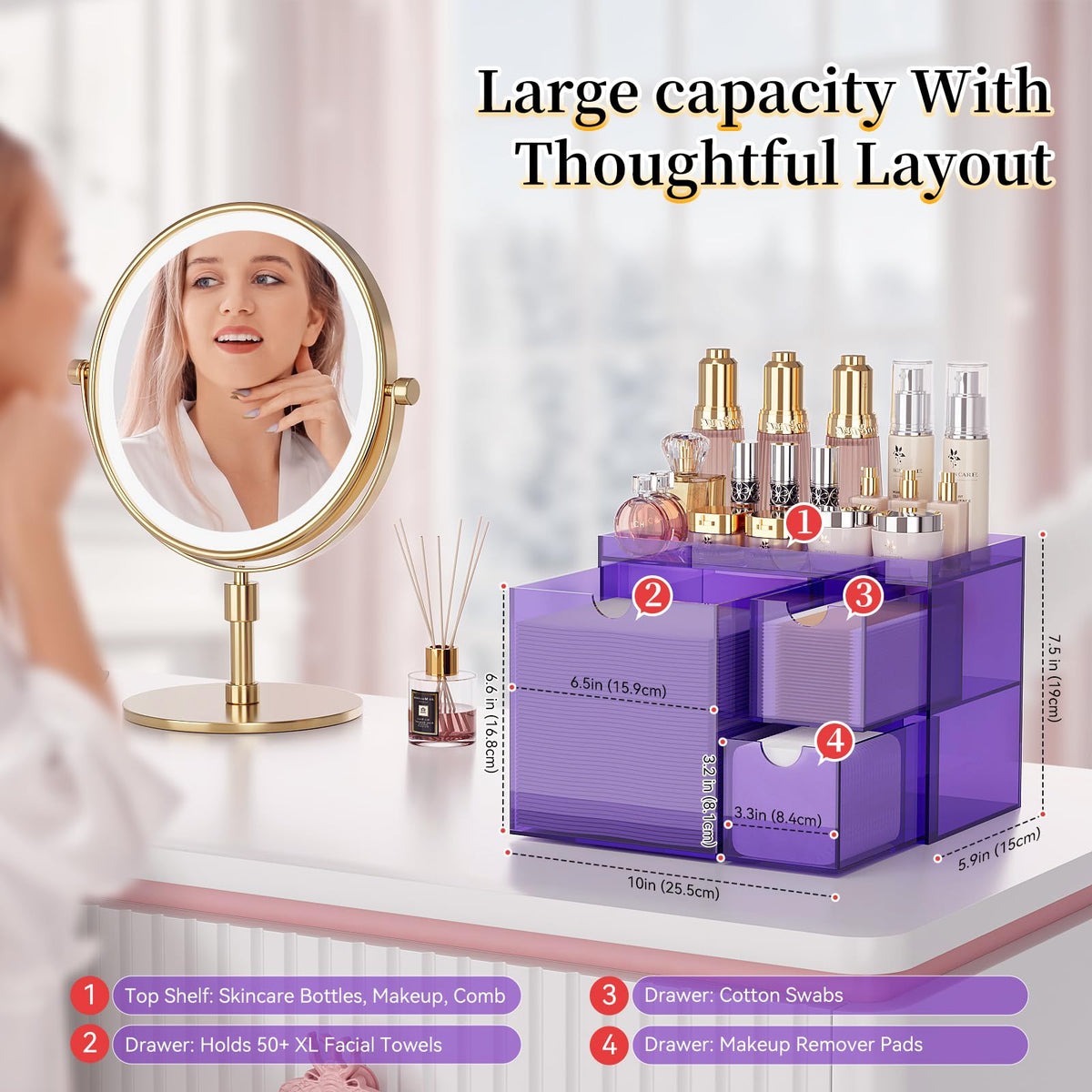 Youdepot Purple Acrylic Face Towel Holder with 3 Drawers