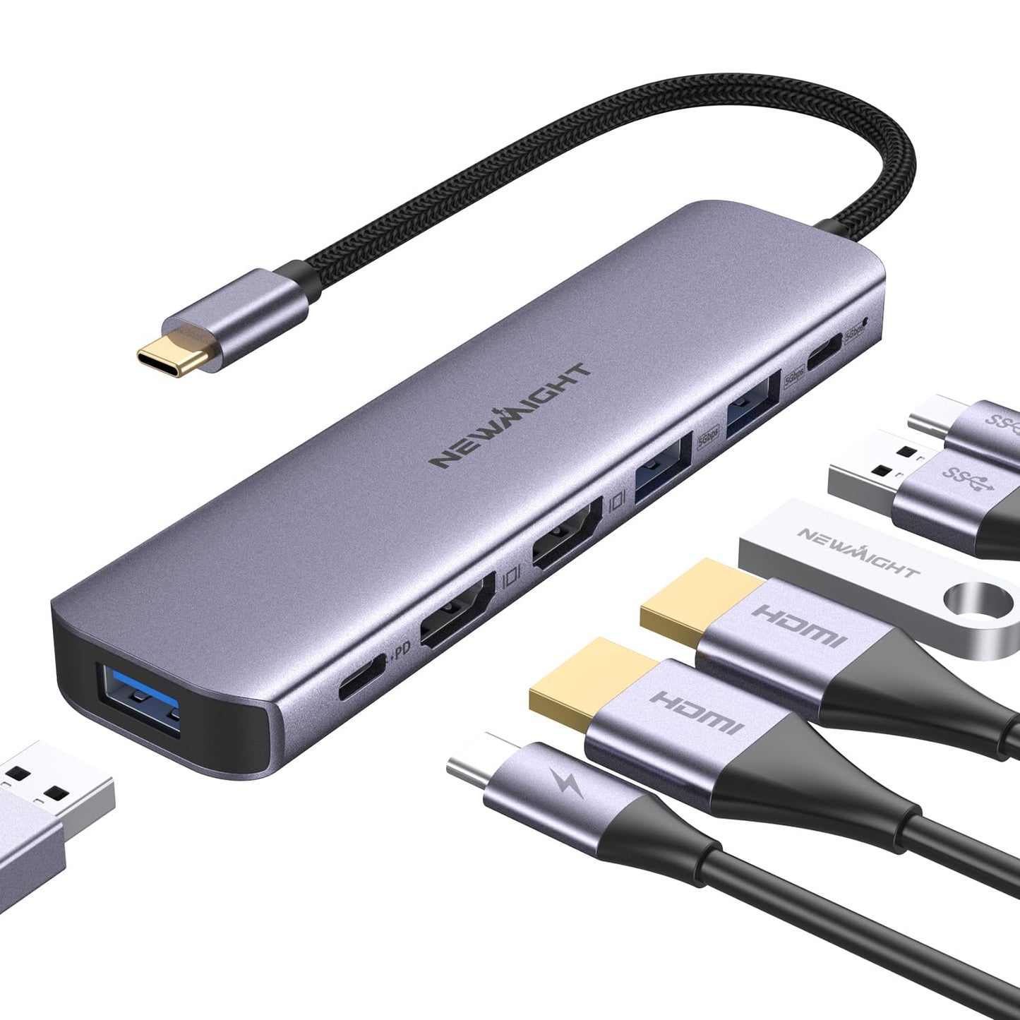 Newmight 7 in 1 USB C Docking Station - Dual Monitor with 2 HDMI, 3 USB 3.0, 100W PD, Compatible with Dell, HP, MacBook Pro Air, iPhone 15 Series