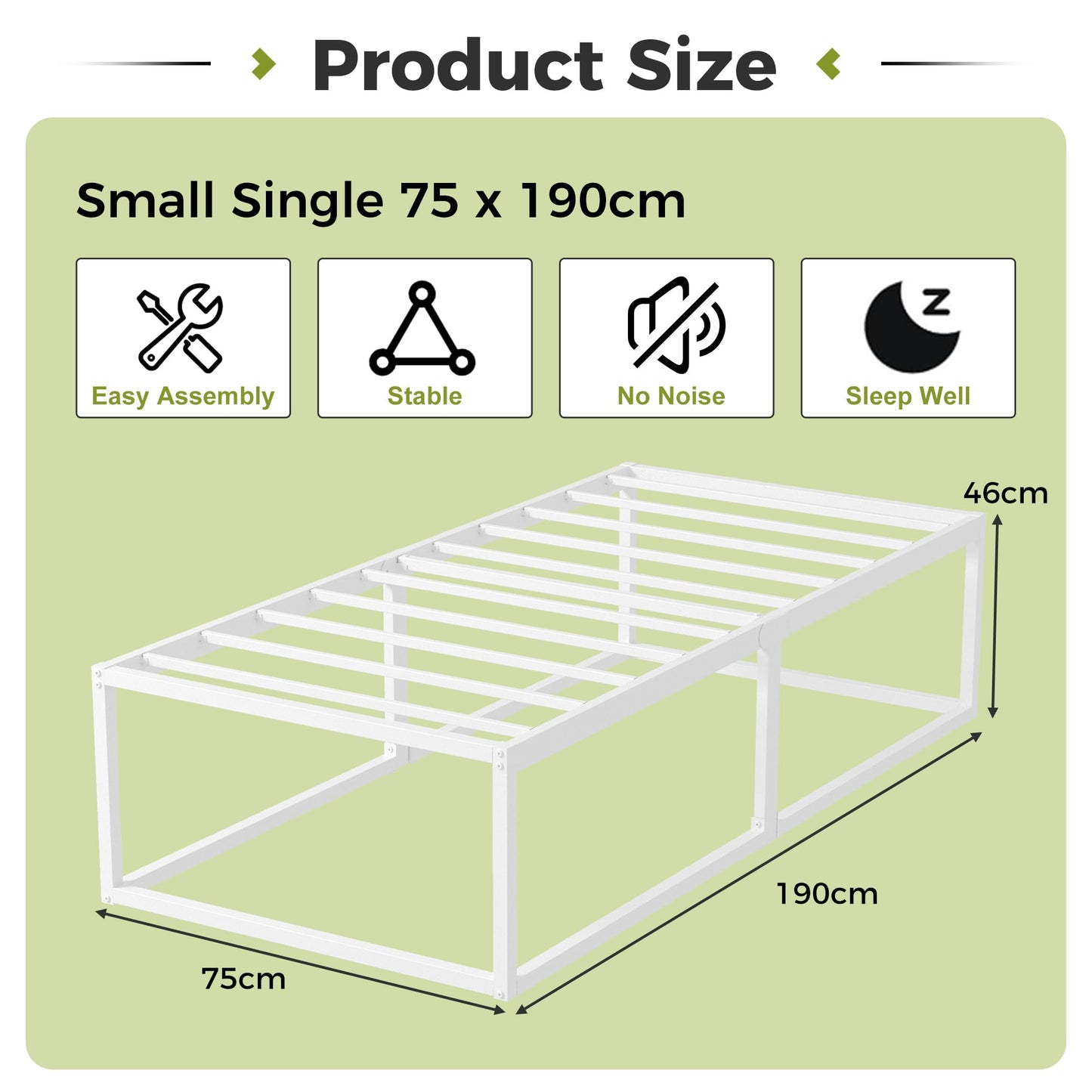 EMODA Small Single Bed Frame 75x190 cm with Sturdy Slats Support, White