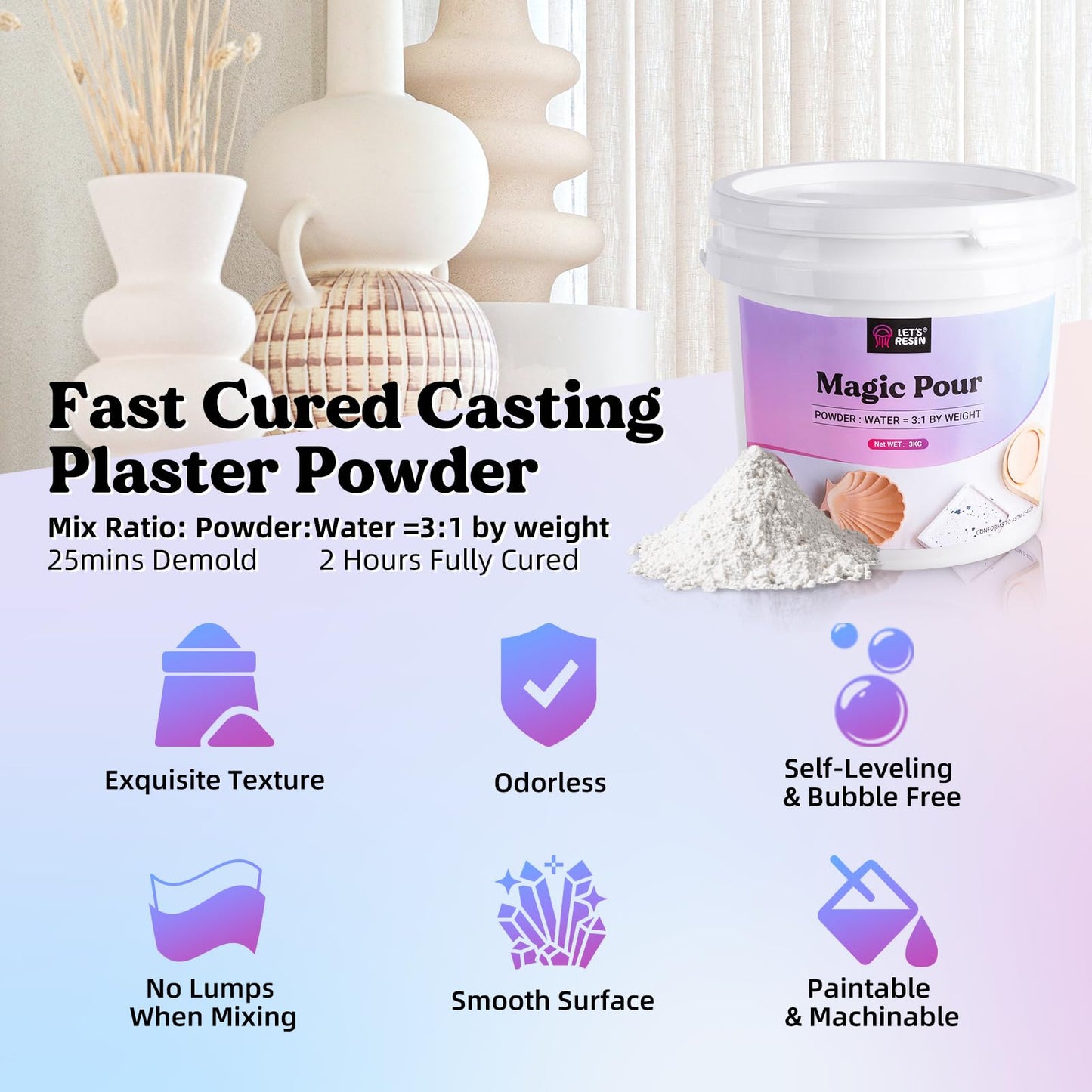 LET'S RESIN Resin Casting Powders 3000g, Fast Cured Casting Resin Kit for Beginners, 20~30 Minutes De-Mold, Water Activated Plaster Powder Kit for
