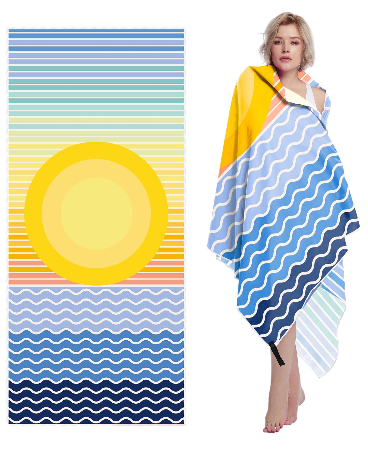 Style Slice Beach Towel Extra Large - Sand Free Quick Dry Lightweight Microfibre Beach Towels for Adults, Includes Mesh Bag - Sunset Wave Blue,
