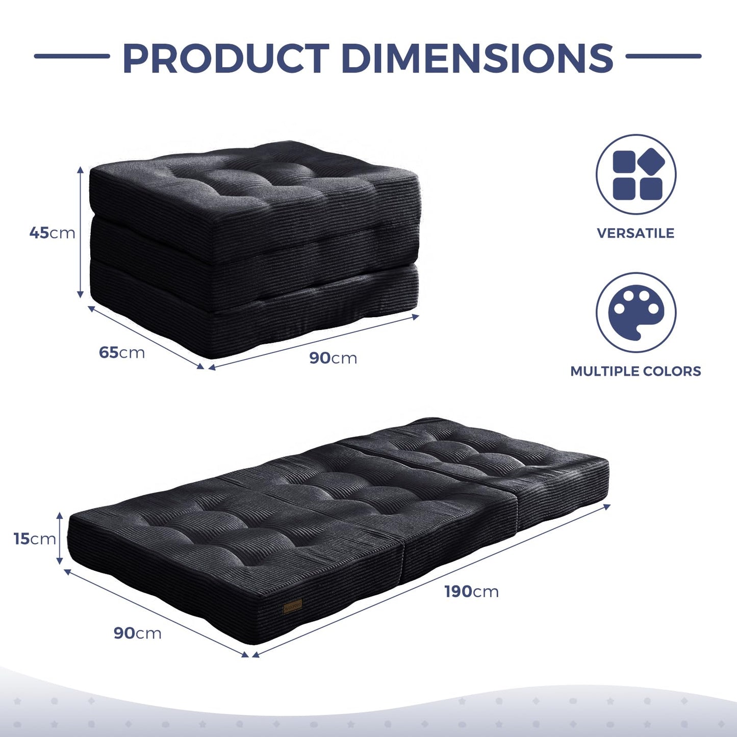 MAXYOYO Folding Mattress, Comfy Corduroy Foldable Mattress with 15cm Thicken Foam, Tri-Fold Floor Futon Sofa Bed for Guest,Black,Single