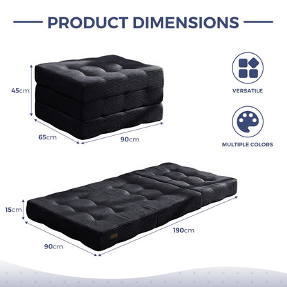 MAXYOYO Folding Mattress, Comfy Corduroy Foldable Mattress with 15cm Thicken Foam, Tri-Fold Floor Futon Sofa Bed for Guest,Black,Single