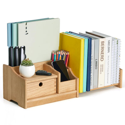 KIRIGEN Wooden Desktop Organiser with Drawer, Adjustable Bookshelf, Natural