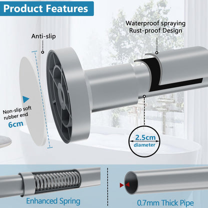 WELDUN Extendable Shower Curtain Tension Rod, 48-82CM No Drill Telescopic Shower Curtain Rod, Adjustable Spring Rod for Window Bathroom, Bedroom, Gray