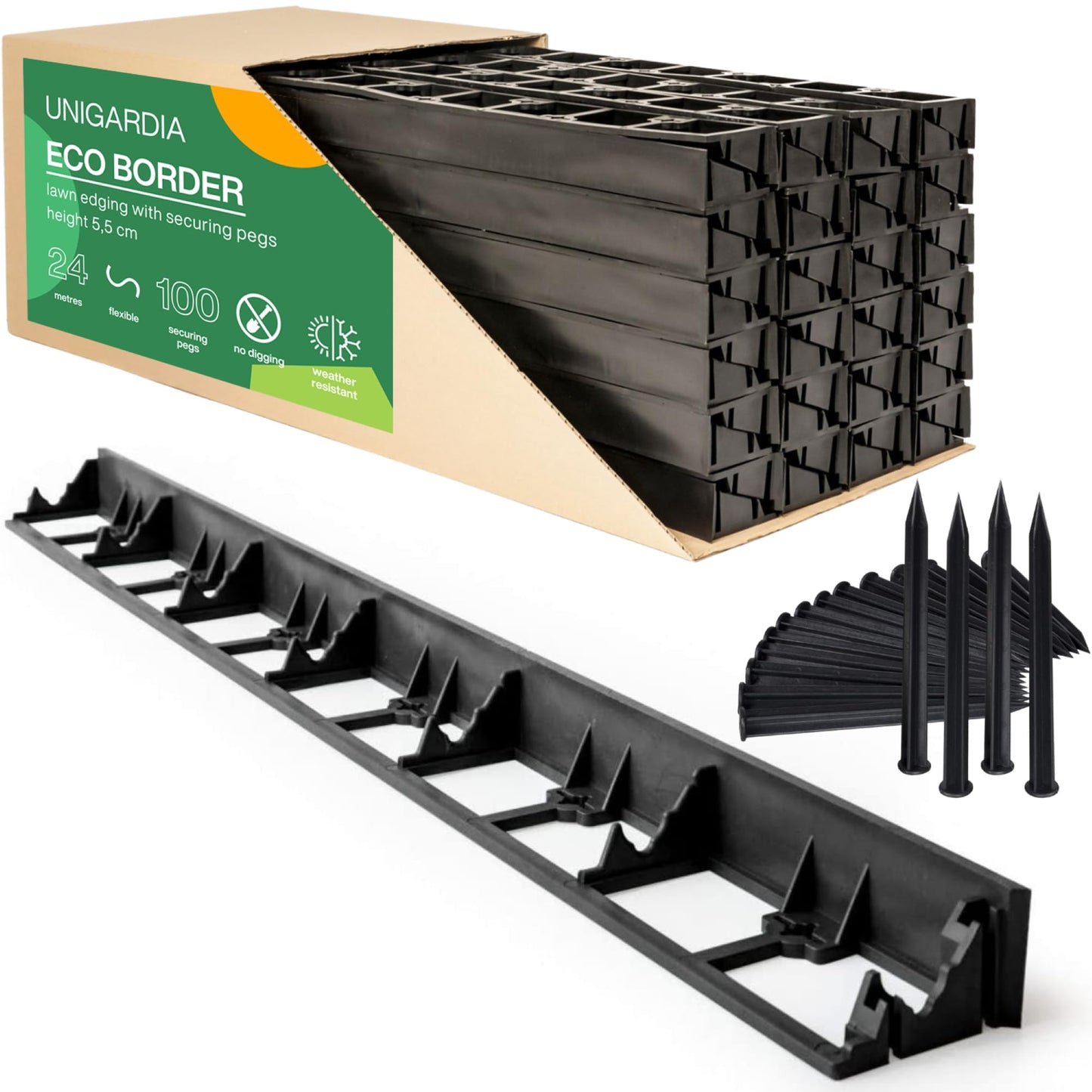 Flexible Lawn Edging 24 m - Invisible Plastic Garden Edge with 100 Securing Pegs - Easy to Use, Weather Resistant - Grass, Flowerbed & Path Border